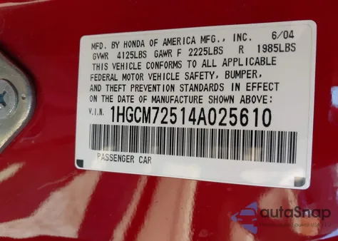 2004 Honda Accord 2.4 Ex из США, поврежденный, VIN 1HGCM72514A025610